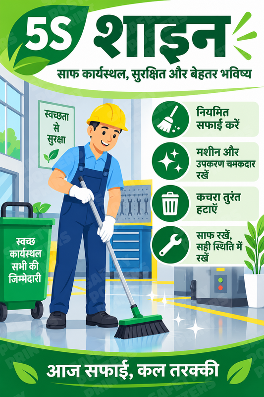 H5S-72: 5S Shine - A Clean Workplace, Safer Tomorrow. Hindi vertical workplace safety poster.