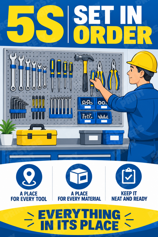 H5S-73: 5S Set in Order - Everything in Its Place. English vertical workplace safety poster.