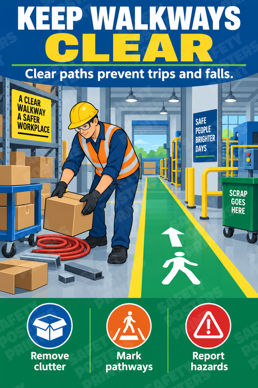 H5S-74: Keep Walkways Clear - Remove Clutter and Report Hazards. English vertical workplace safety poster.