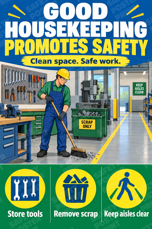 Good Housekeeping Promotes Safety - Clear Aisles - English vertical safety poster - H5S-77