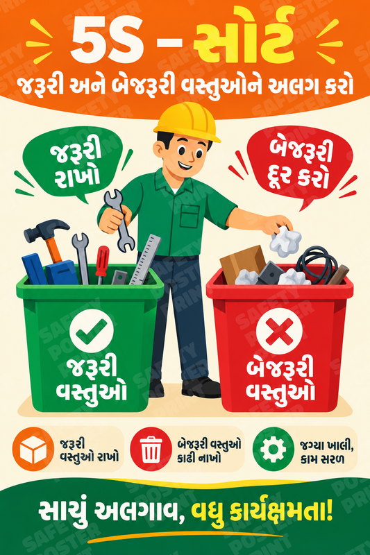 5S Sort - Separate Needed and Unneeded Items - Gujarati vertical safety poster - H5S-79