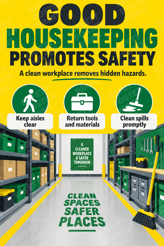 Good Housekeeping Promotes Safety - Clean Spaces - English vertical safety poster - H5S-80