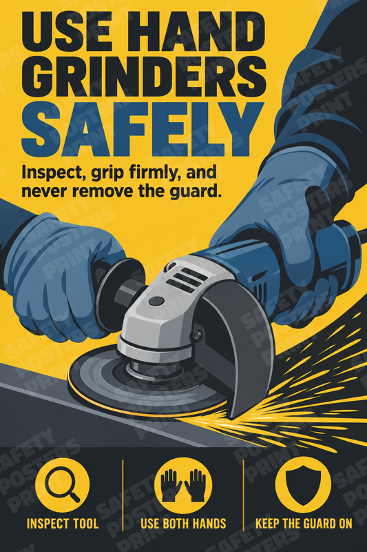 HPT-20: Use Hand Grinders Safely - Inspect and Keep the Guard. English vertical workplace safety poster.
