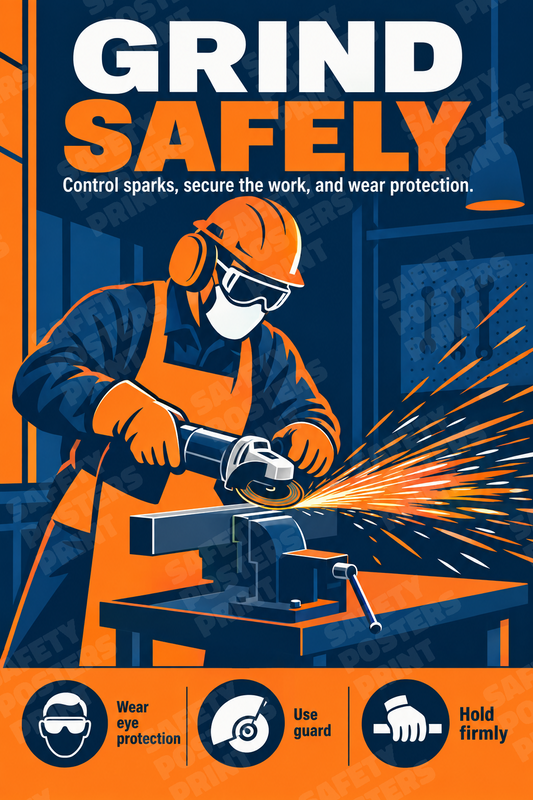 HPT-21: Grind Safely - Control Sparks and Use Protection. English vertical workplace safety poster.