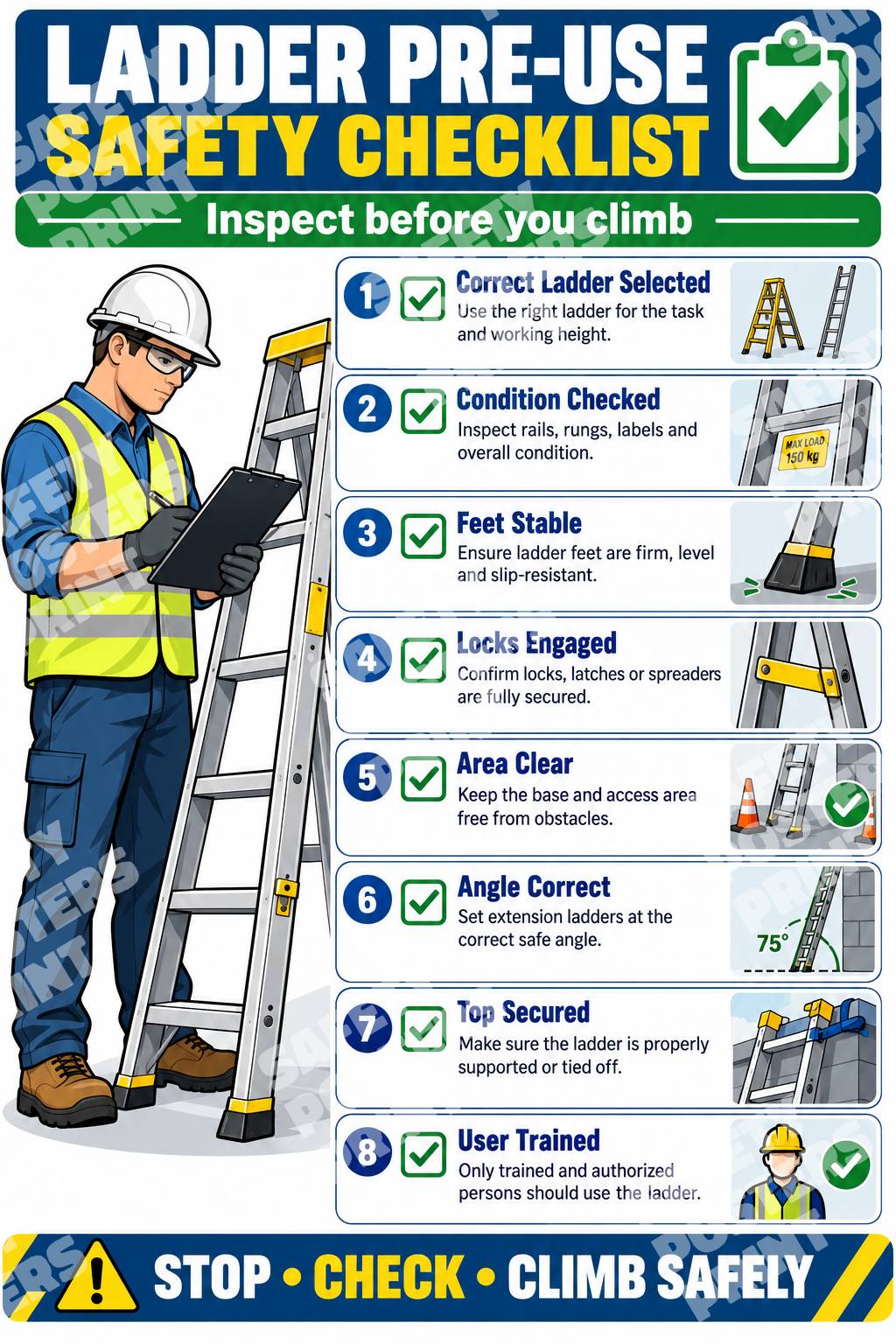 LDR-10 Ladder Pre-Use Safety Checklist poster showing an inspector and eight numbered checks for ladder selection, condition, setup and user readiness.
