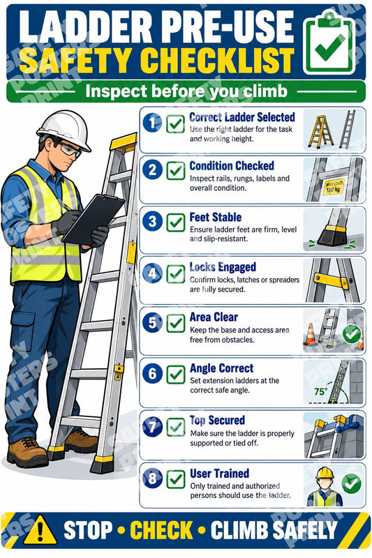 LDR-10 Ladder Pre-Use Safety Checklist poster showing an inspector and eight numbered checks for ladder selection, condition, setup and user readiness.