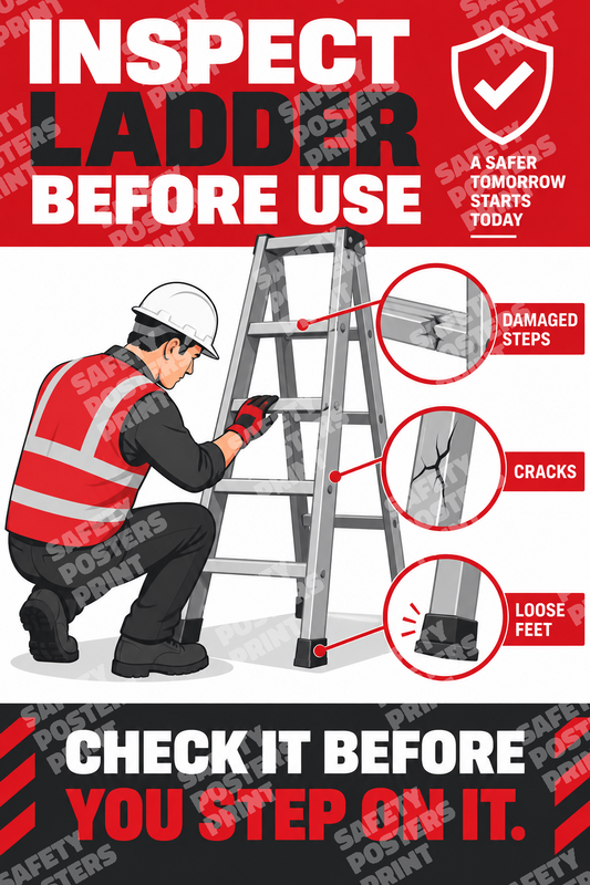 LDR-11 Inspect the Ladder Before Use - Check It Before You Step on It. Workplace safety poster.