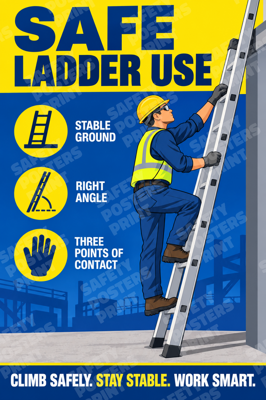 LDR-12 Safe Ladder Use - Stable Ground, Right Angle, Three Points of Contact. Workplace safety poster.