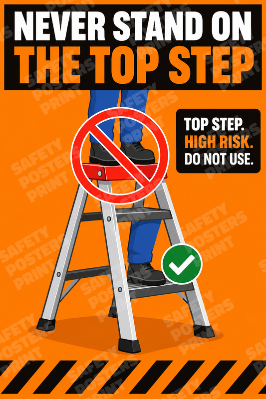 LDR-15 Never Stand on the Top Step - Top Step Means High Risk. Workplace safety poster.