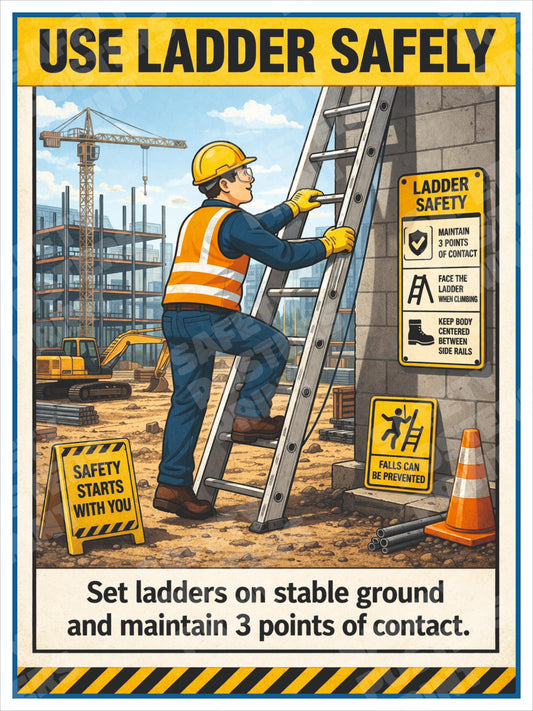 LDR-17 Use Ladder Safely - Stable Ground and Three Points of Contact. Workplace safety poster.