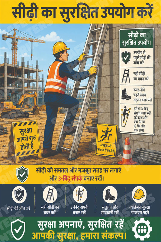LDR-18 Ladder Safety - Safe Use of Ladder - Hindi Guide. Workplace safety poster.