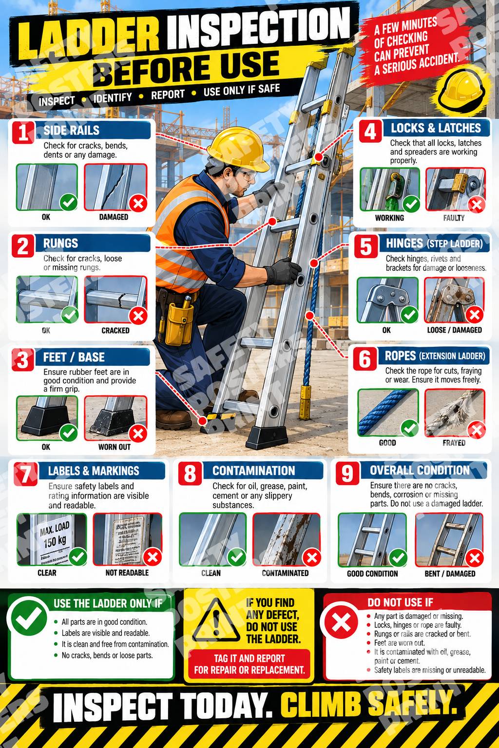 LDR-6 Ladder Inspection Before Use poster showing checks for rails, rungs, feet, locking parts, labels and damaged ladder components.