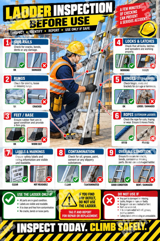 LDR-6 Ladder Inspection Before Use poster showing checks for rails, rungs, feet, locking parts, labels and damaged ladder components.