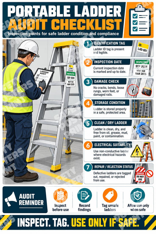 LDR-7 Portable Ladder Audit Checklist poster showing ladder inspection and records, identification, storage, training and defect-control prompts.