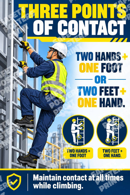 LDR-8 Three Points of Contact poster showing ladder-climbing contact positions and reminders to keep a secure grip.