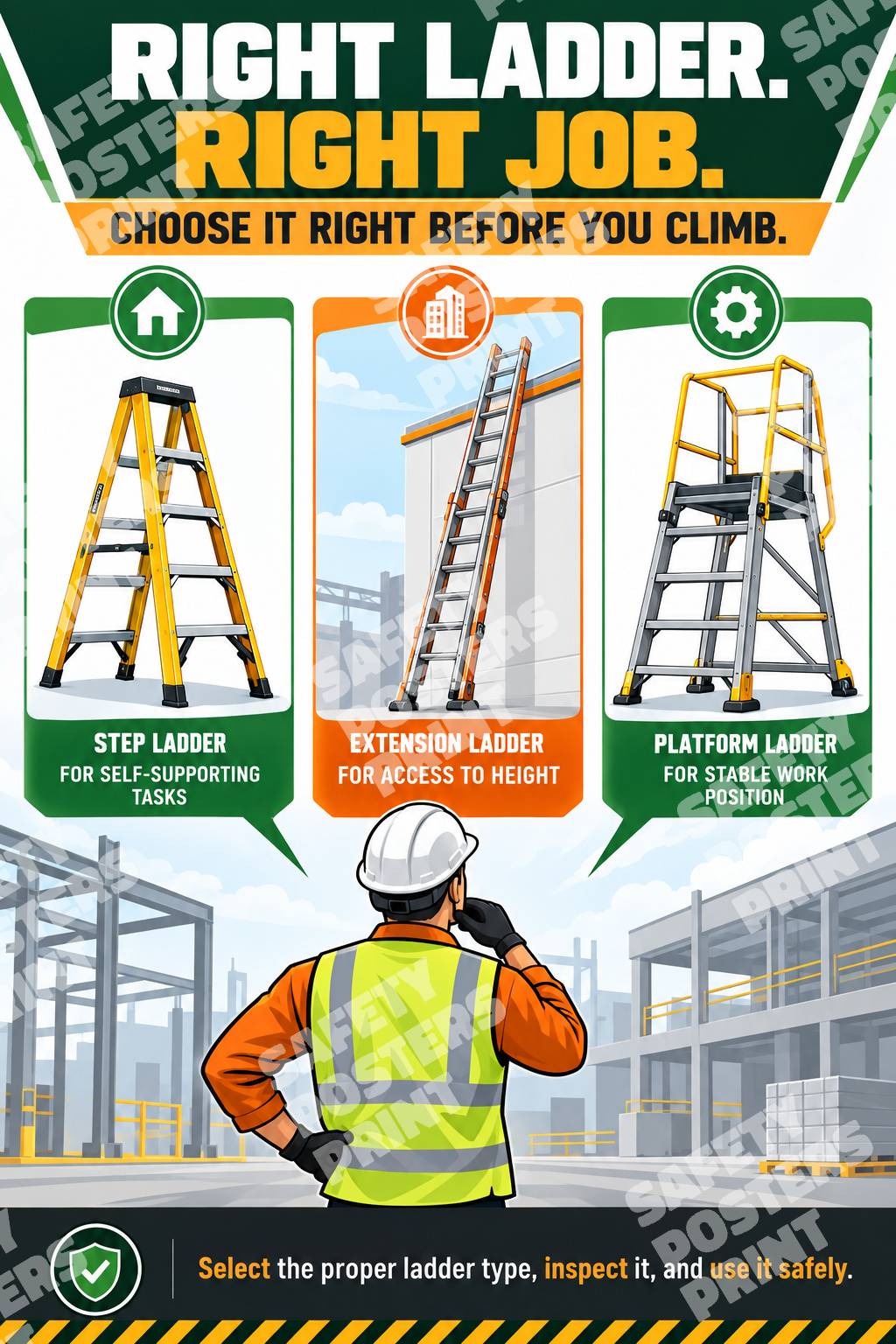 LDR-9 Right Ladder Right Job poster comparing ladder choices and reminding workers to select suitable equipment before climbing.