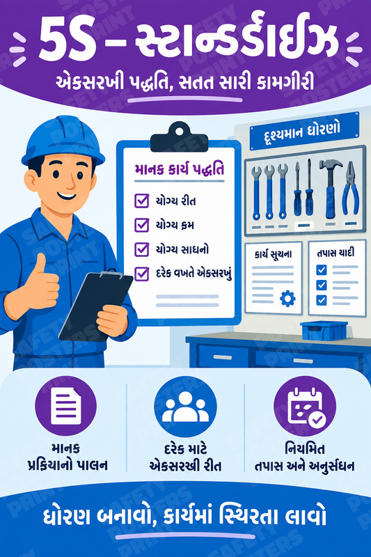 H5S-71: 5S Standardize - Consistent Workplace Practices. Gujarati vertical workplace safety poster.
