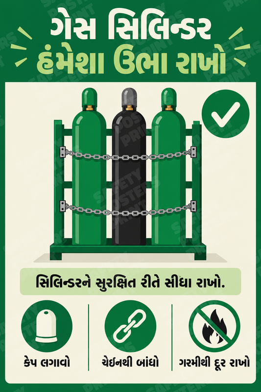 GC-19: Keep Gas Cylinders Upright and Secured. Gujarati vertical workplace safety poster.