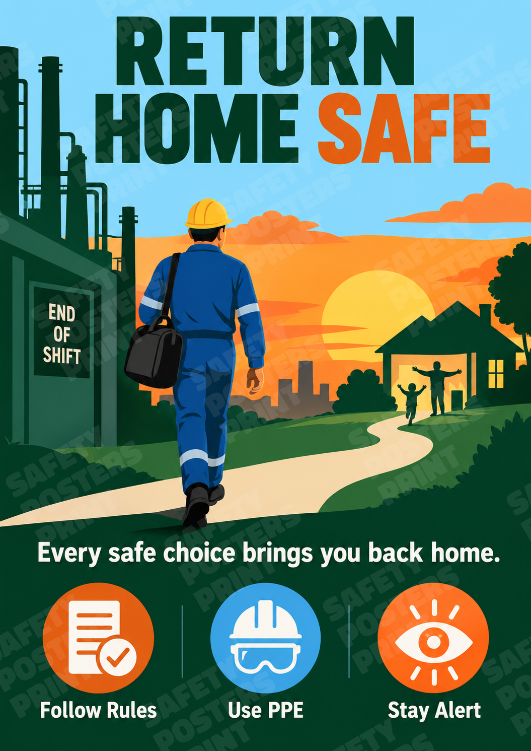 GS-120: Return Home Safe - End of Shift Safety. English vertical workplace safety poster.