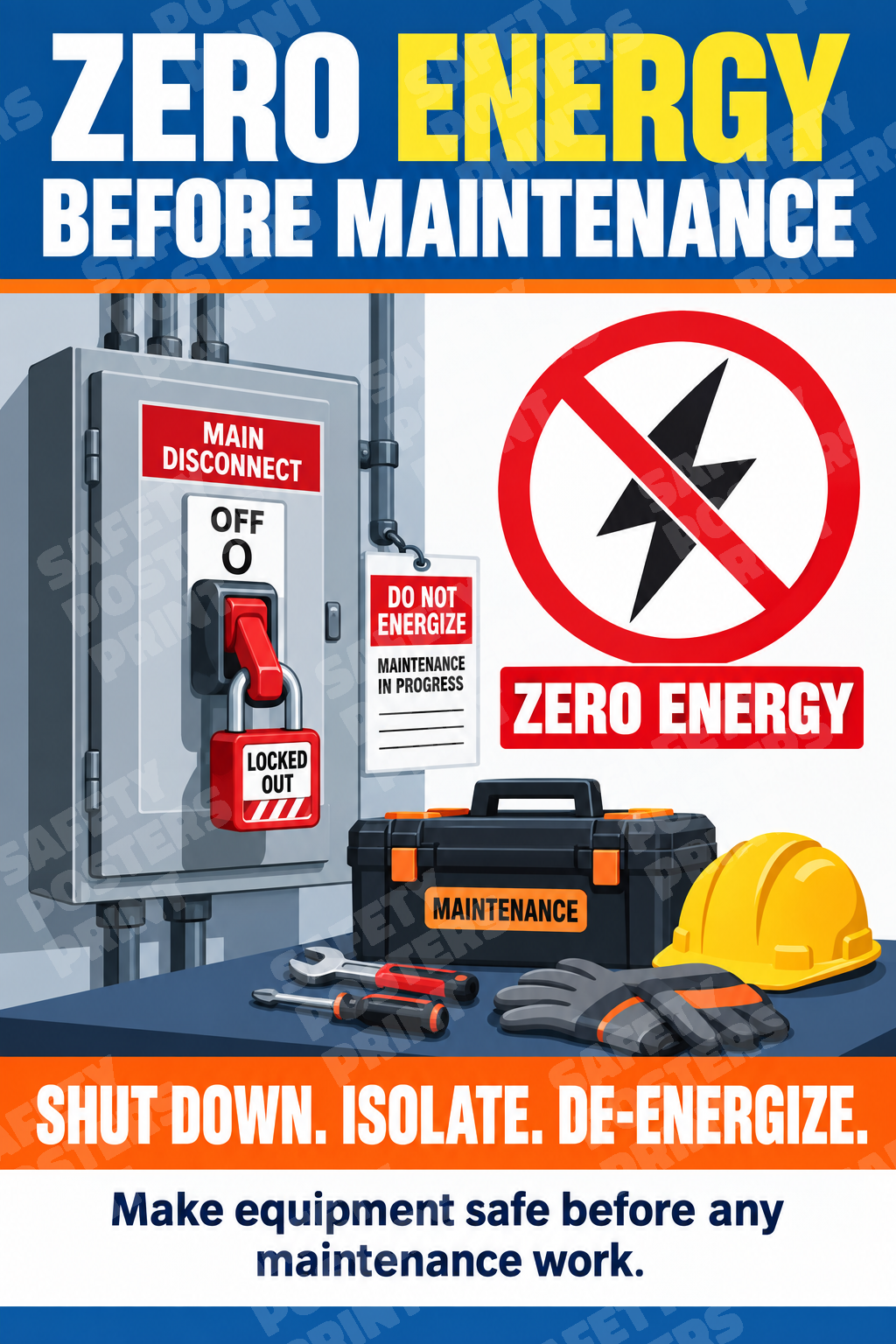 LOTO-10 Zero Energy Before Maintenance - Shut Down, Isolate, De-Energize. Workplace safety poster.