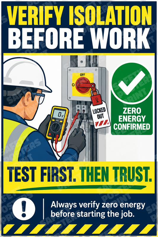 LOTO-11 Verify Isolation Before Work - Test First, Then Trust. Workplace safety poster.