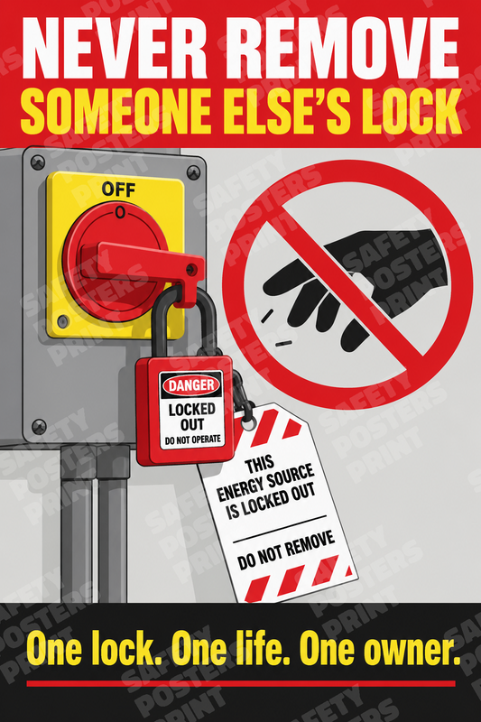 LOTO-12 Never Remove Someone Else's Lock - One Lock, One Life, One Owner. Workplace safety poster.