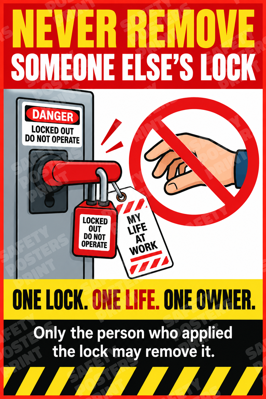 LOTO-13 Never Remove Someone Else's Lock - Only the Owner Removes It. Workplace safety poster.
