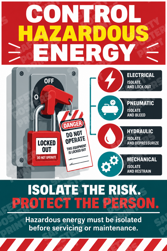 LOTO-14 Control Hazardous Energy - Isolate the Risk, Protect the Person. Workplace safety poster.