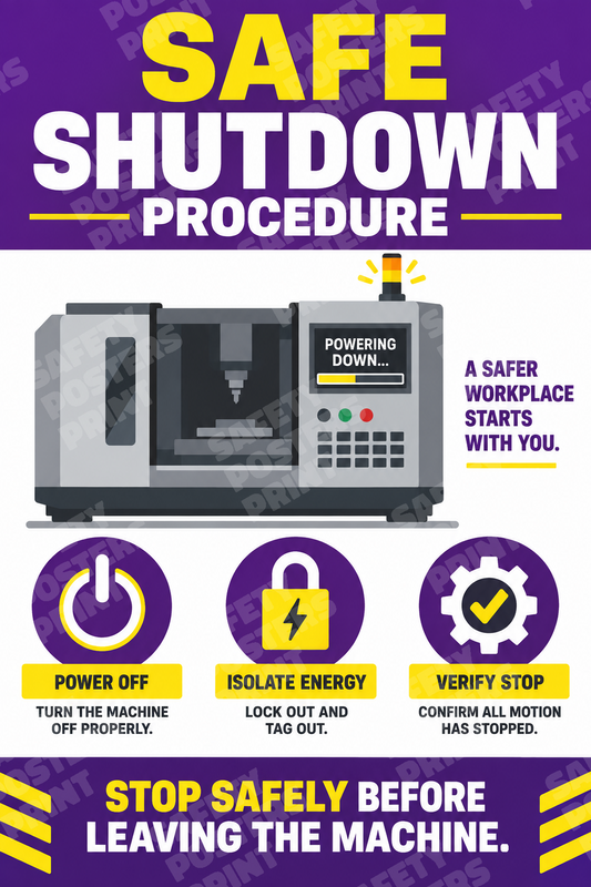 LOTO-15 Safe Shutdown Procedure - Stop Safely Before Leaving the Machine. Workplace safety poster.