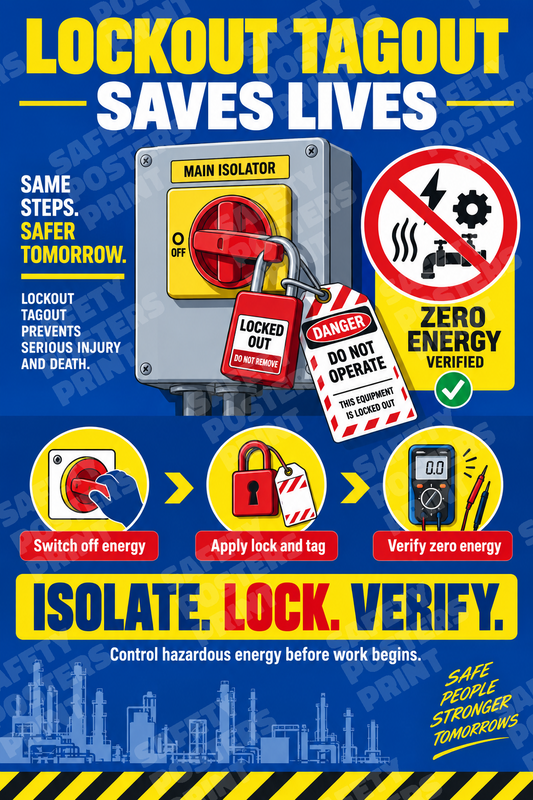 LOTO-16 Lockout Tagout Saves Lives - Isolate, Lock, Verify. Workplace safety poster.