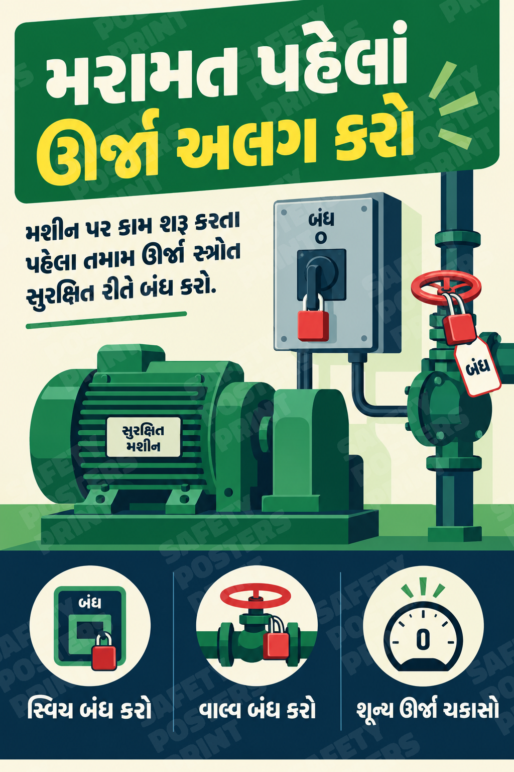 LOTO-17: Isolate Energy Before Maintenance. Gujarati vertical workplace safety poster.