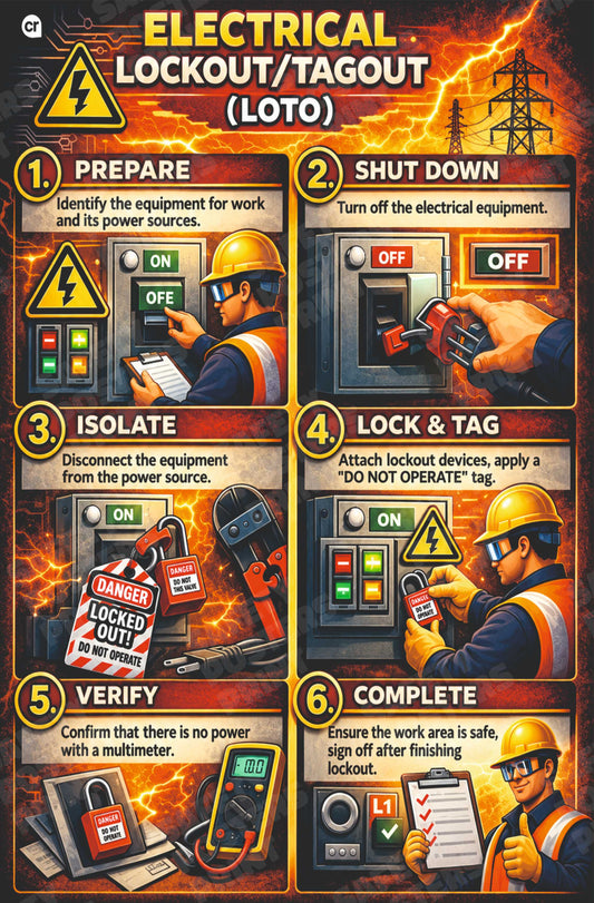 LOTO-19: Electrical Lockout Tagout - Six-Step Awareness Guide. English vertical workplace safety poster.