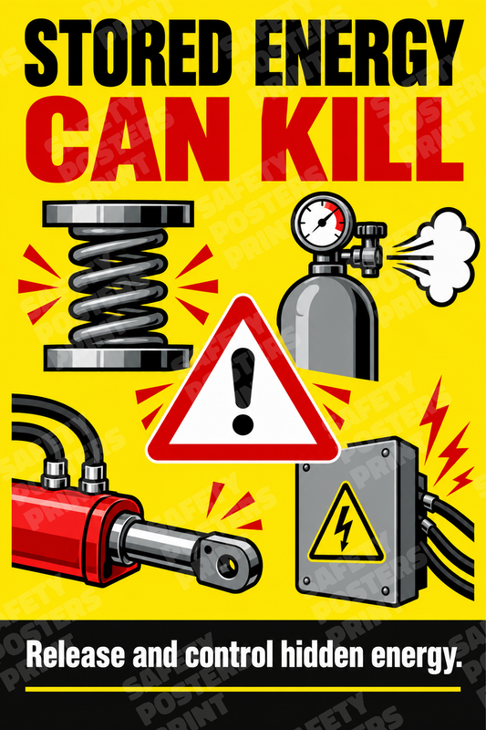 LOTO-9 Stored Energy Can Kill - Release and Control Hidden Energy. Workplace safety poster.