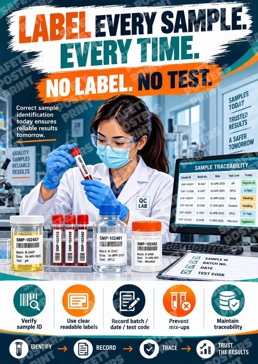 LQC-19 Label Every Sample, Every Time. A laboratory worker verifies sample labels, batch details and traceability records.