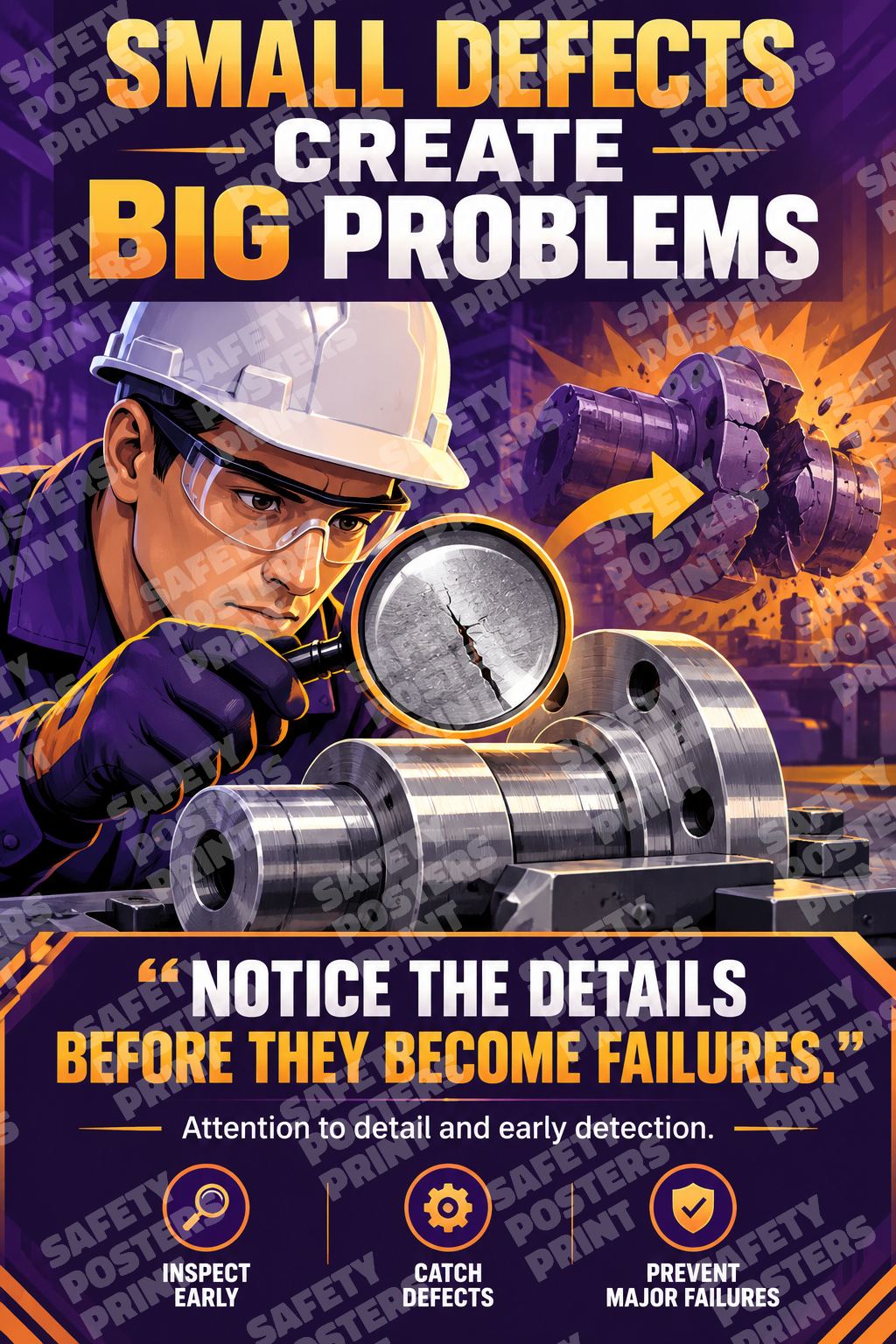 LQC-22 Small Defects Create Big Problems. An inspector examines a crack in a machined component with a magnifying glass.