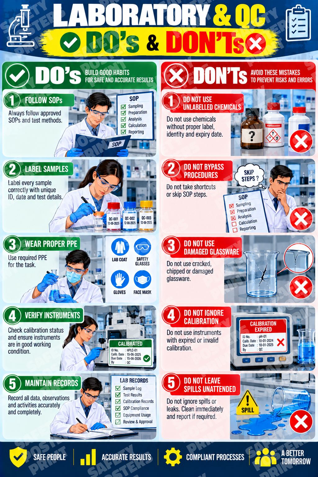 LQC-37 Laboratory and QC Do's and Don'ts. Paired panels compare safe and unsafe laboratory work and quality practices.