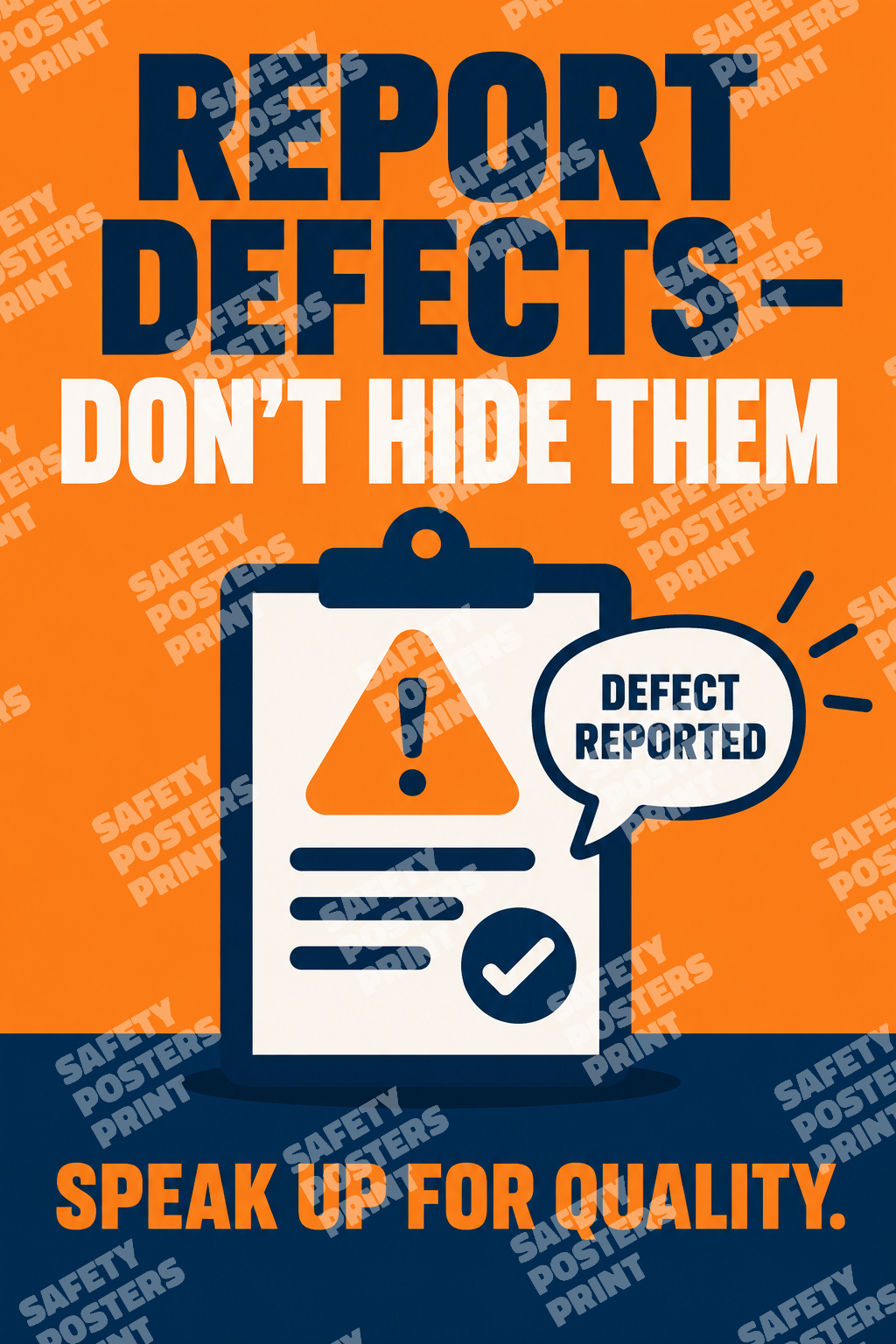 LQC-47 Report Defects - Don't Hide Them. Workplace poster about prompt defect reporting and transparent quality culture.
