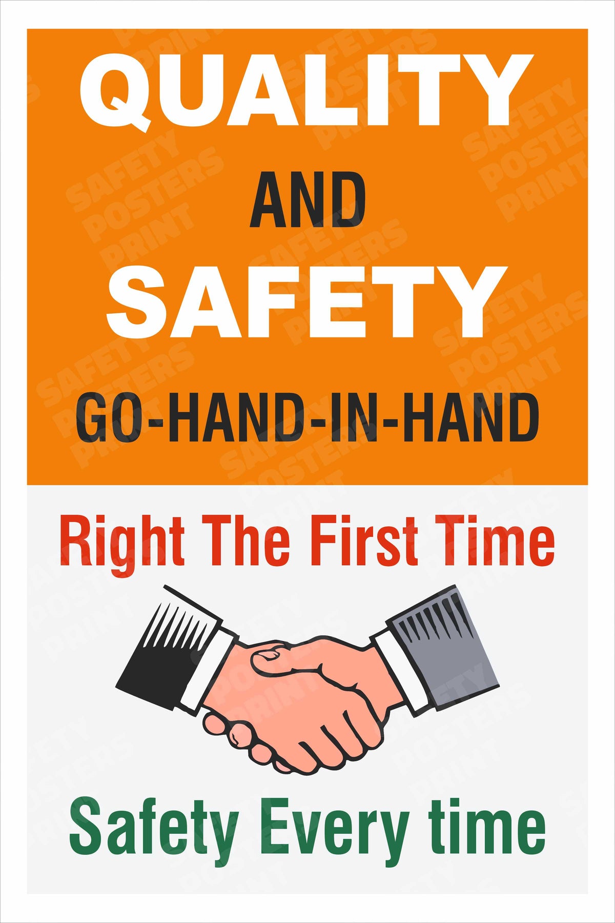 LQC-85: Quality and Safety Go Hand in Hand. English vertical workplace safety poster.