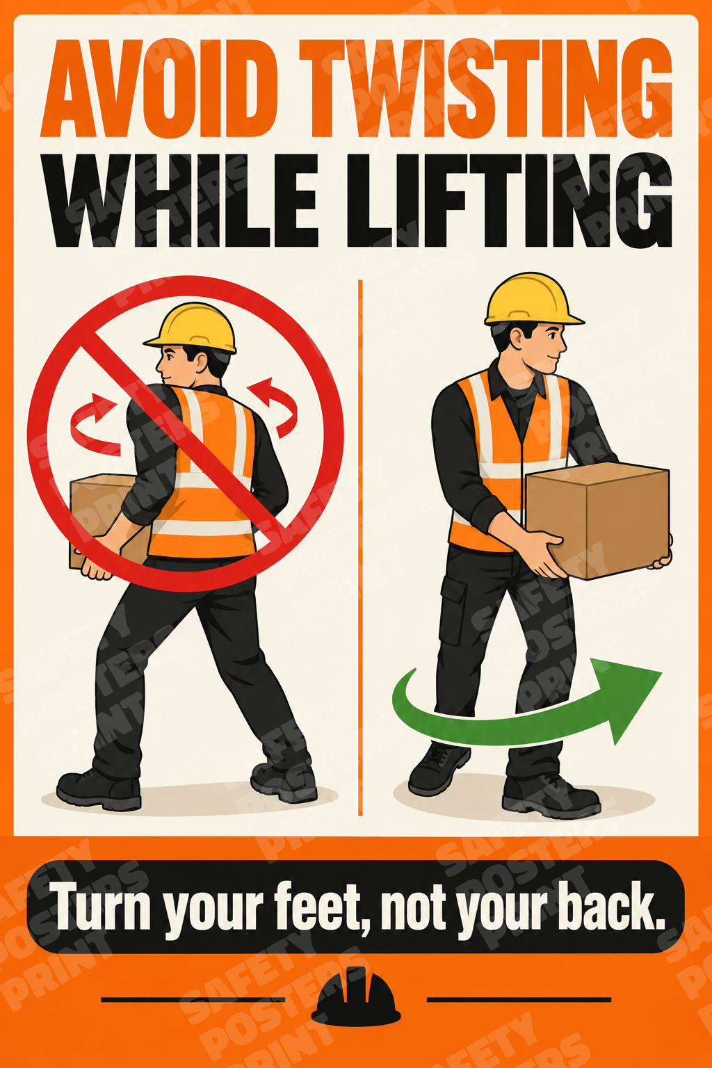 MH-21 Avoid Twisting While Lifting - Turn Your Feet, Not Your Back. Workplace safety poster.