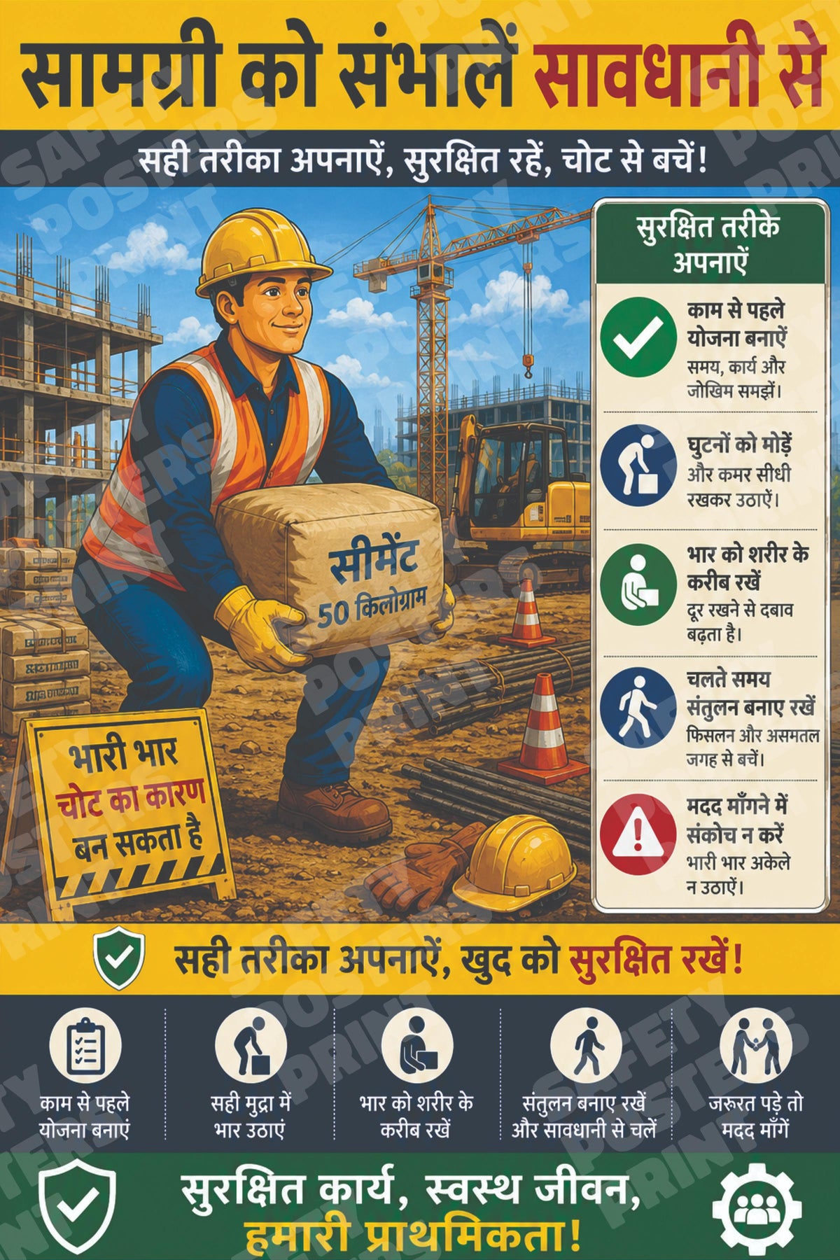 MH-26 Handle Materials Carefully - Safe Lifting - Hindi Safety Guide. Hindi workplace safety poster.