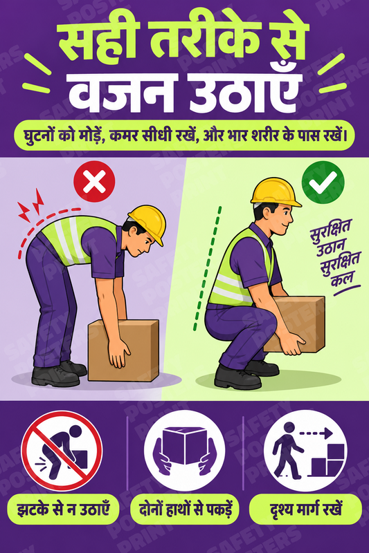 MH-37: Lift Loads the Right Way. Hindi vertical workplace safety poster.