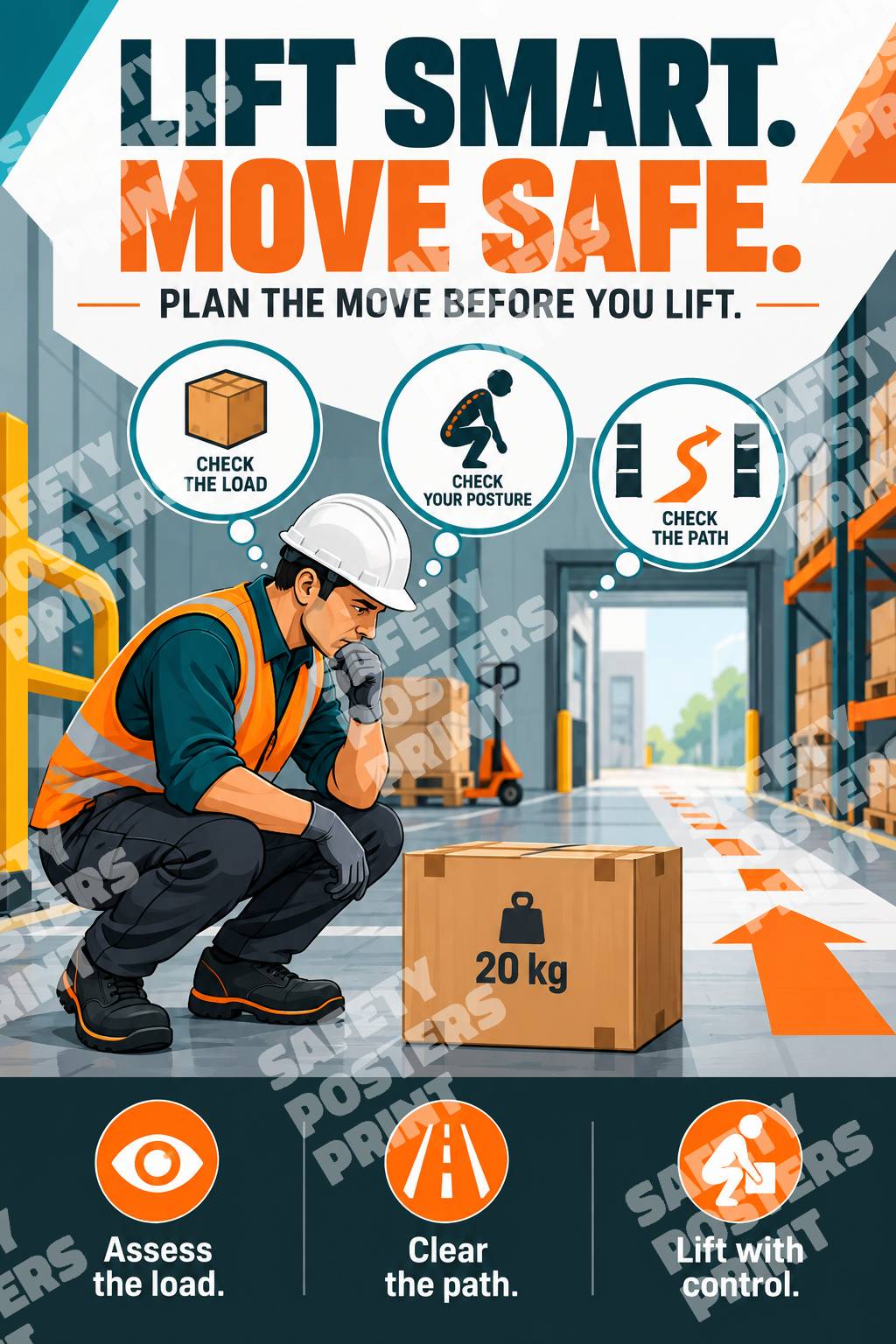 MH-6 Lift Smart Move Safe poster showing material-handling preparation with reminders to assess the load and plan the move.