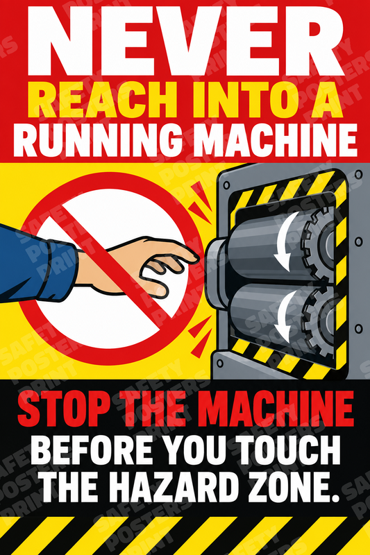 MS-12 Never Reach into a Running Machine - Stop Before Entering the Hazard Zone. Workplace safety poster.