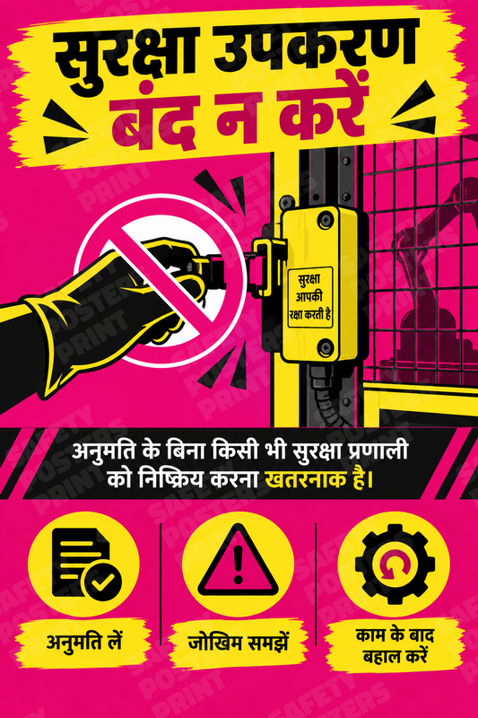 MS-52: Do Not Disable Safety Devices. Hindi vertical workplace safety poster.