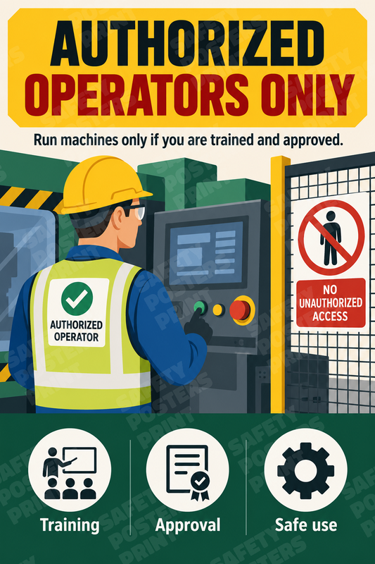 MS-53: Authorized Operators Only - Trained and Approved. English vertical workplace safety poster.