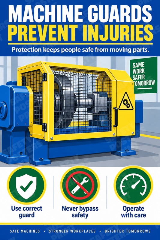 MS-54: Machine Guards Prevent Injuries. English vertical workplace safety poster.