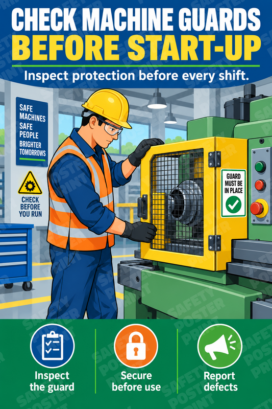 Check Machine Guards Before Start-Up - Factory - English vertical safety poster - MS-56