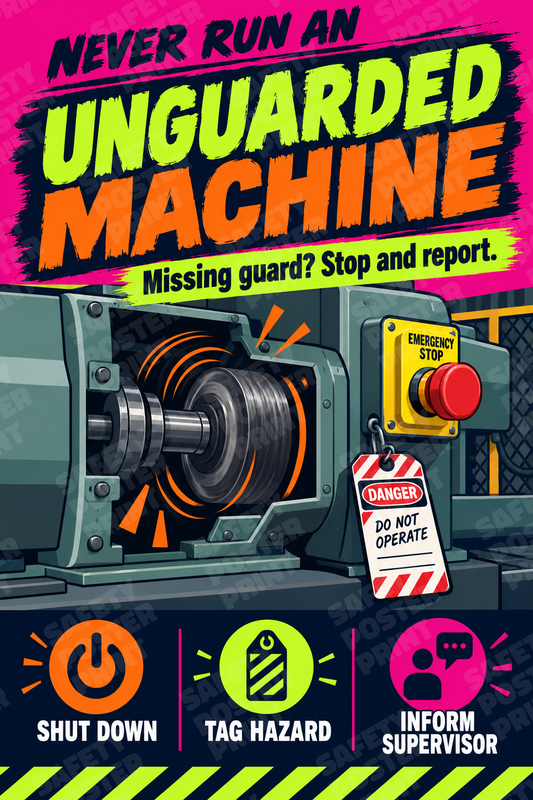 Never Run an Unguarded Machine - Stop and Report - English vertical safety poster - MS-59