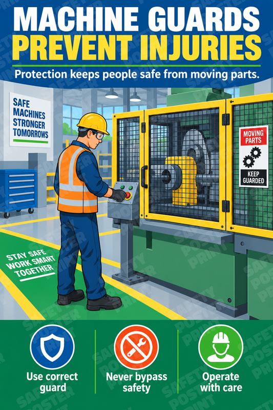 Machine Guards Prevent Injuries - English vertical safety poster - MS-62
