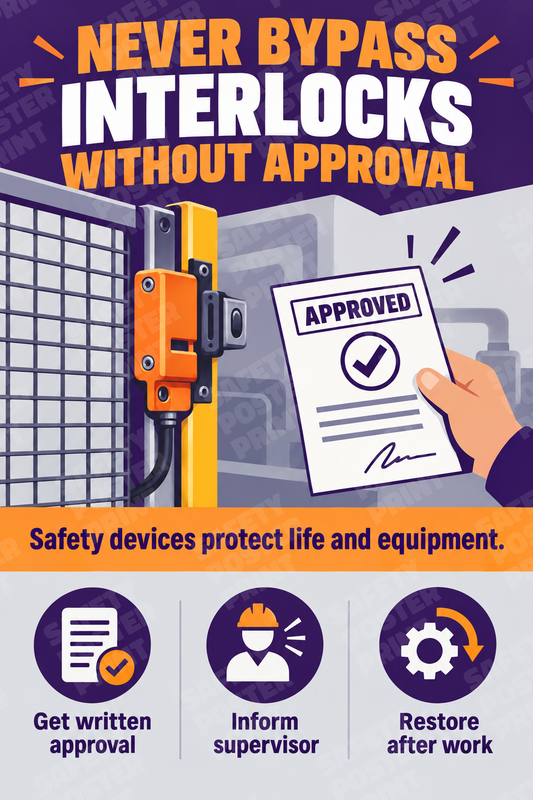 Never Bypass Interlocks Without Approval - English vertical safety poster - MS-63